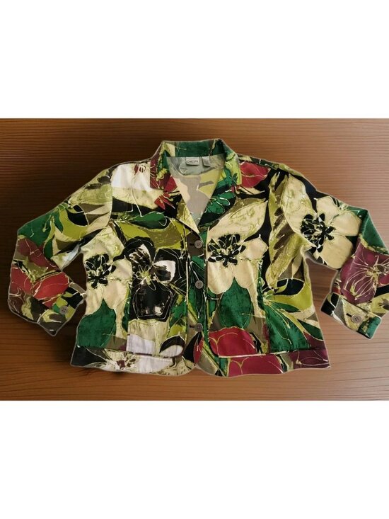 Chico's Jackets & Blazers - Chicos Women Size 3 Green Floral Button Front Long Sleeve Collared Jacket